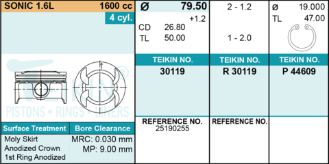 ПОРШЕНЬ 0,5 AVEO T300, CRUZE F16D4 TEIKIN 79,5 1,2-1,2-2,0 (+ПАЛЕЦ)