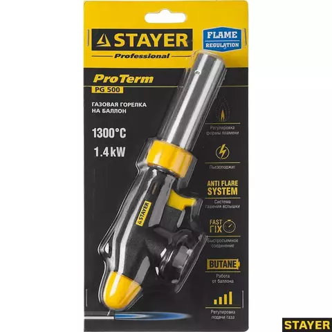 STAYER ProTerm PG 500, 1300°C, увеличенный выход пламени, газовая горелка с пьезоподжигом на баллон с цанговым соединением, Professional (55580)