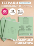 Набор тетрадей в клетку (таблица Пифагора), 12 л, зелёная обложка, 20 шт