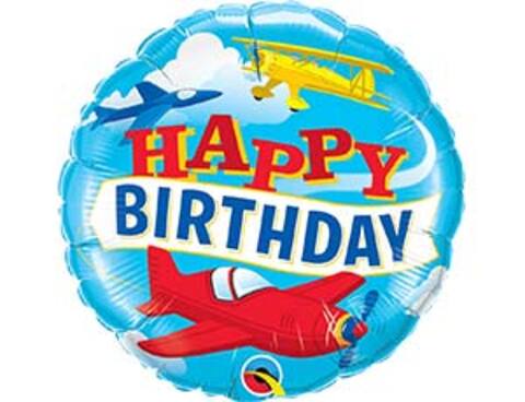 Шар Q 18''/46 см, Круг, Happy birthday, Самолеты, винтаж, 1 шт. ( В упаковке)