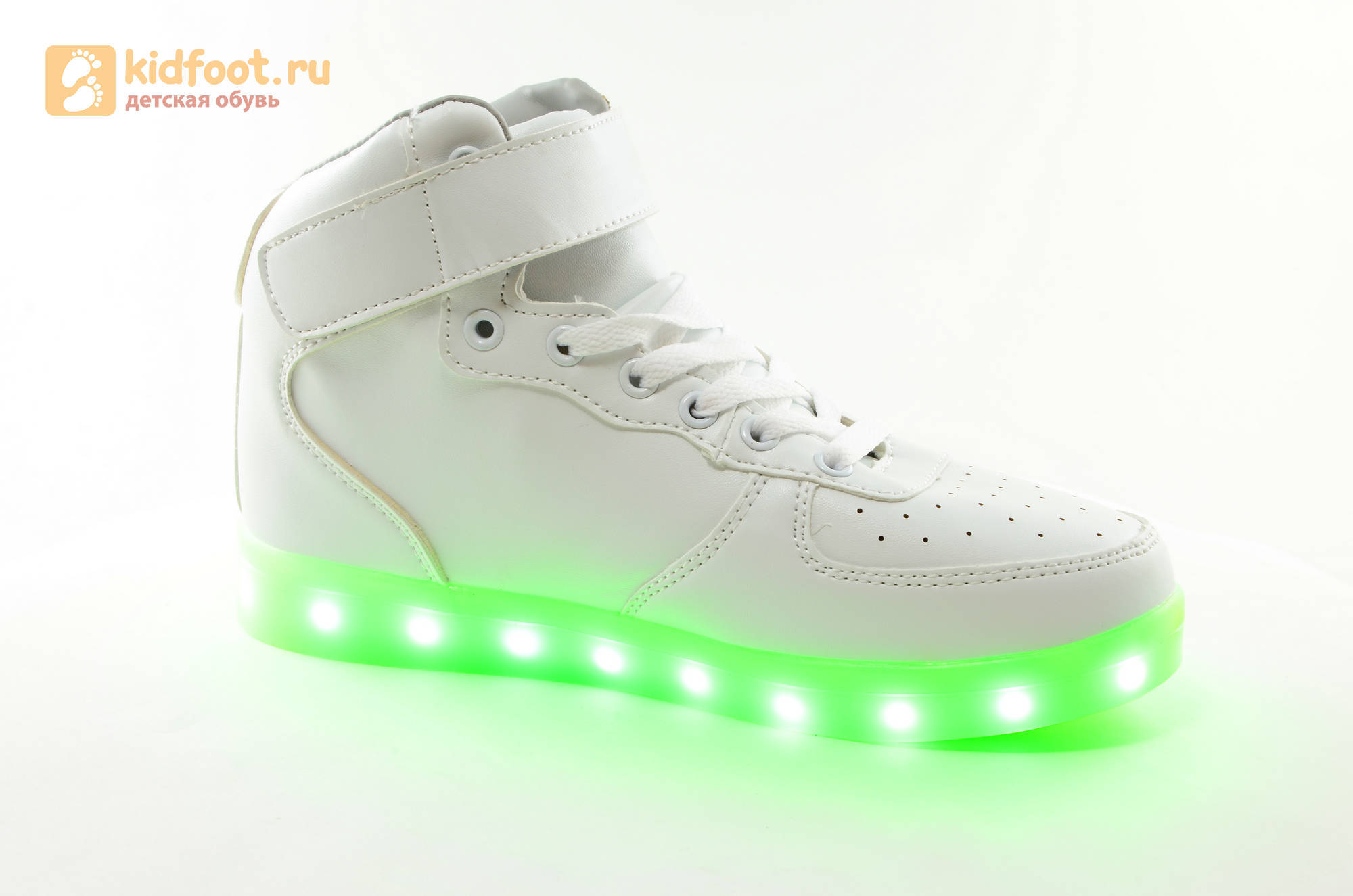 Светящиеся высокие кроссовки с USB зарядкой Fashion (Фэшн) на шнурках и липучках, цвет белый, светится вся подошва