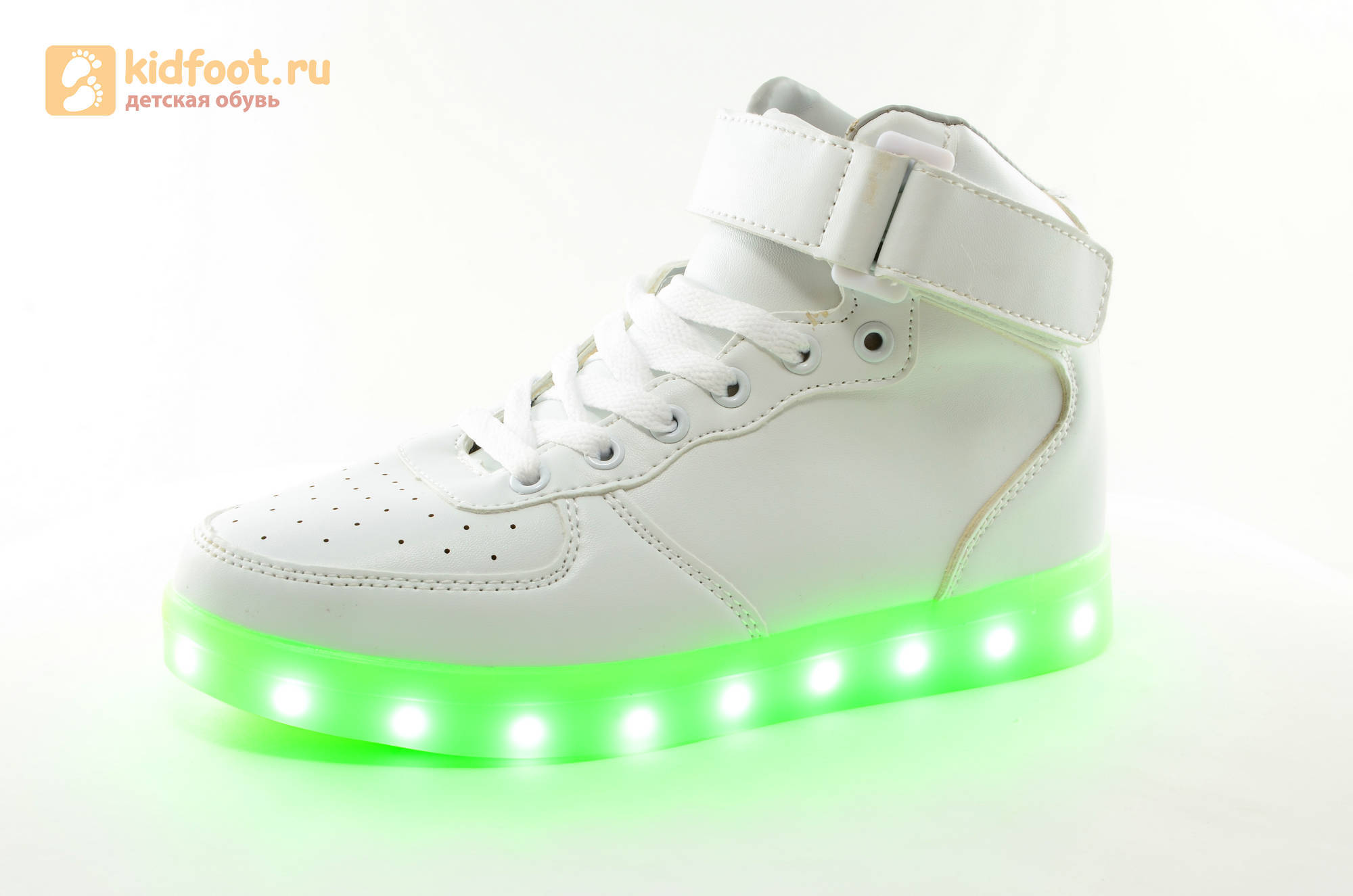Светящиеся высокие кроссовки с USB зарядкой Fashion (Фэшн) на шнурках и липучках, цвет белый, светится вся подошва