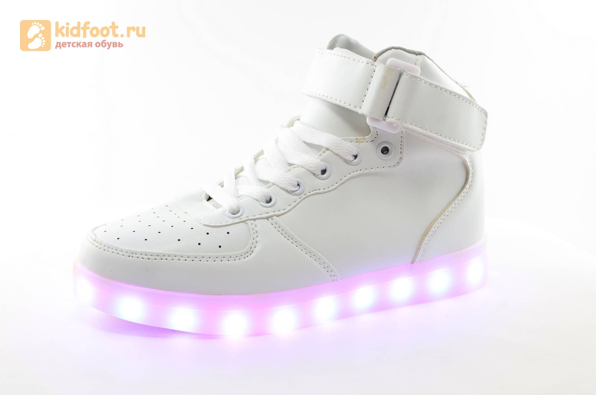 Светящиеся высокие кроссовки с USB зарядкой Fashion (Фэшн) на шнурках и липучках, цвет белый, светится вся подошва