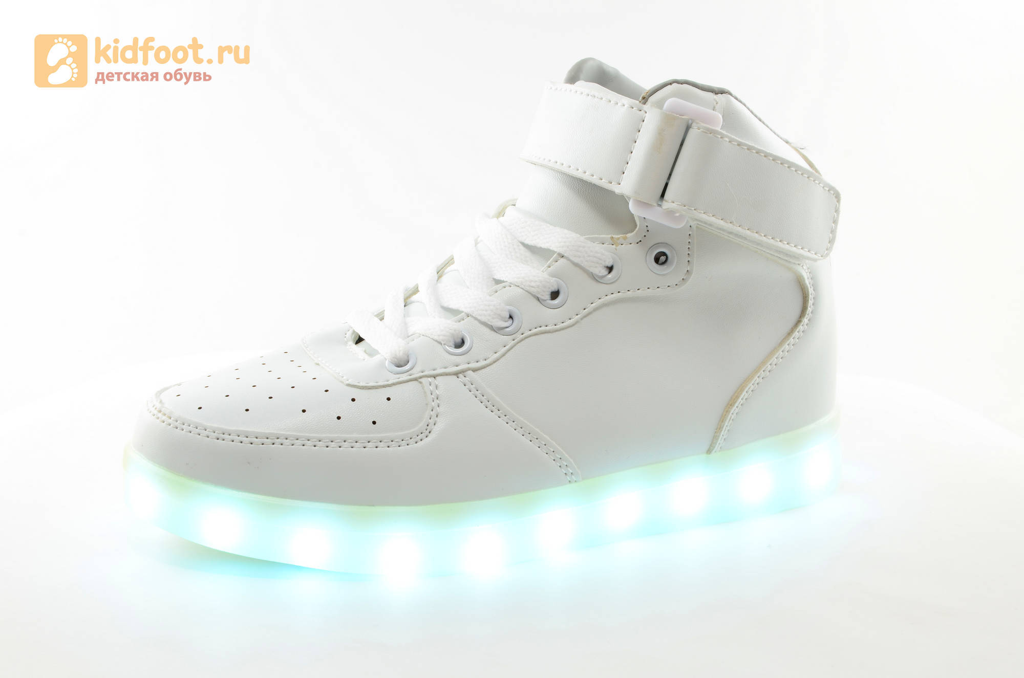 Светящиеся высокие кроссовки с USB зарядкой Fashion (Фэшн) на шнурках и липучках, цвет белый, светится вся подошва