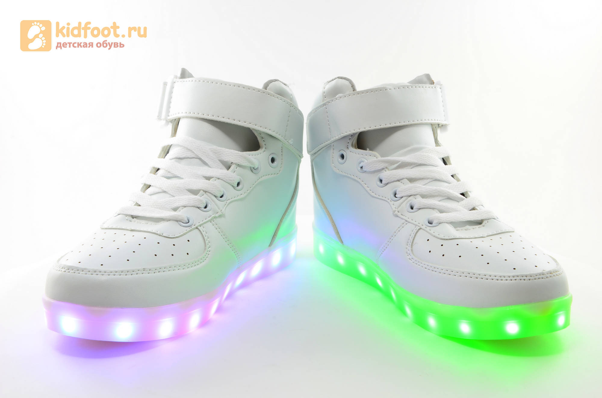 Светящиеся высокие кроссовки с USB зарядкой Fashion (Фэшн) на шнурках и липучках, цвет белый, светится вся подошва