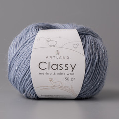 Classy, пряжа с люрексом и пайетками, шелк-5%, мериносовая шерсть-20%, нейлон-30%, норка-45%, 50 гр, 240 м, т. голубой