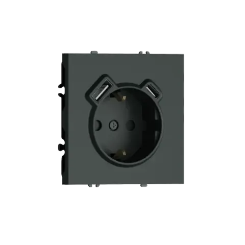 Розетка 220В с заземлением, со шторками, 16А + зарядка USB A+C 20W, на винтах, черный графит DONEL S08