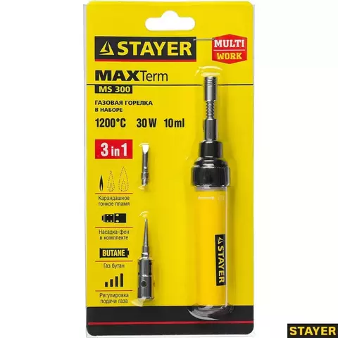 STAYER MS 300, 40 Вт, 1200°С в наборе: 4 в 1, горелка, фен, 2 жала, газовый паяльник (55506-H4)