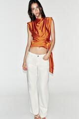 ZARA АТЛАСНЫЙ ТОП С ПОДПЛЕЧНИКАМИ И УЗЛОМ, ЦВЕТ ЖЖЕНОГО АПЕЛЬСИНА