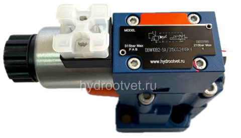 Фото DBW10B2-5X/100CW220-50N9K4 - Предохранительный клапан Ду10 с давлением настройки до 100 бар, управление - X и Y - внутренние с разгрузкой B = открыт с электроуправлением W220
