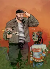 Открытка "Кибердеревня. Николай и Робогозин"