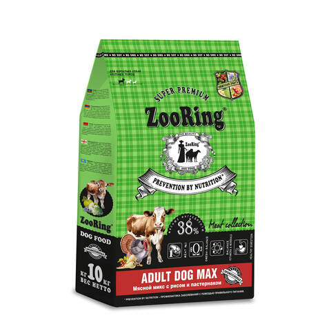 Корм для собак ZooRing Adult Dog Max Мясной Микс с рисом и пастернаком 10кг