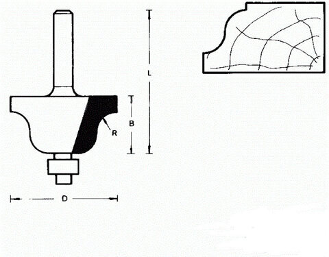 711828 Фреза (D): 34,9 mm (B): 22,2 mm (L): 57 mm (R): 6,3 mm (754097) Хвостовик 8 mm