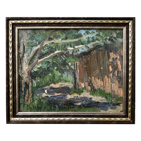 Динес Ю. С. Летний день. Дерево и амбар. Этюд. Картон, масло. 1950
