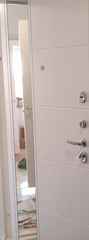 Входная дверь в квартиру Лабиринт Кармина Американский орех с патиной зеркальная вставка Грей софт (без текстуры)