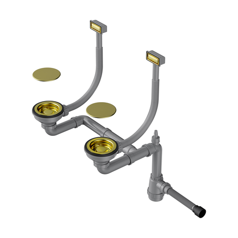Omoikiri WK-2C-LG 4956497 Арматура для двухчашевых моек с прямоугольными переливами и декоративными элементами для корзины, светлое золото