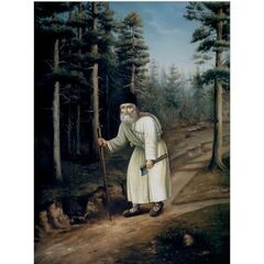 Серафим Саровский святой Чудотворец в лесу. Деревянная икона на левкасе