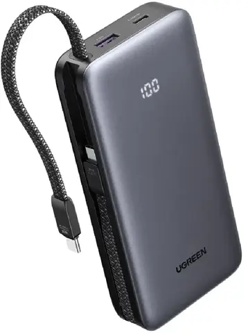 Внешний аккумулятор со встроенным кабелем UGREEN PB528 (55985B) 30W Power Bank 20000mAh with Built-in Cable,  серый космос