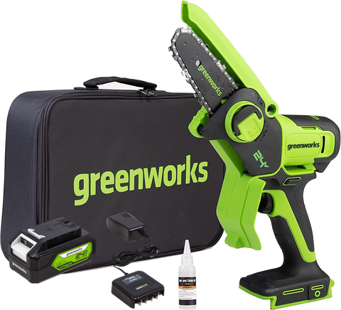 Цепная мини пила аккумуляторная Greenworks G24MCS10k4 Арт. 2008207UH, 24V, 10см, c АКБ 8 А·ч и ЗУ в сумке