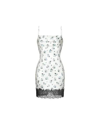 Кэссиди мини (Cassidy mini), платье мини из молочного атласа с цветочным принтом, с отделкой кружевом