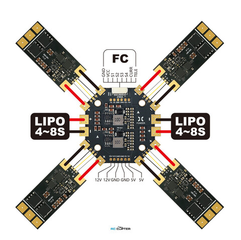 Плата распределения питания Foxeer PDB400 400A 8S, до 2-х батарей (4-8S + 4-8S), х4 ESC (MR1805)