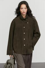 Massimo Dutti Куртка из кожи и замши с высоким воротником, хаки