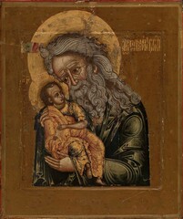 Симеон Богоприимец святой праведный с Иисусом Христом. Деревянная икона на левкасе