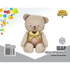 Шар К Сидячая фигура, Мишка бежевый, бант золотой, 28''/71 см, 1 шт. (в упаковке)