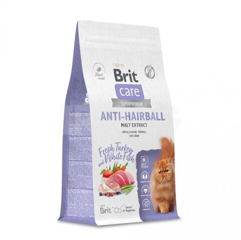 Brit Care Cat Anti-Hairball  сухой корм для взрослых кошек (белая рыба,индейка) 400 г