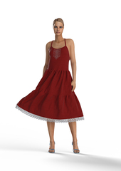 Лика. Сарафан красный льняной с вышивкой и кружевом CS-1688