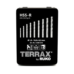 Набор сверл по металлу 1-10мм 19шт DIN338 HSS-R 118° (мет. кейс) Terrax by Ruko A205210