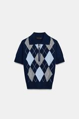ZARA ТРИКОТАЖНОЕ ПОЛО В РОМБ, СЕРЫЙ/СИНИЙ