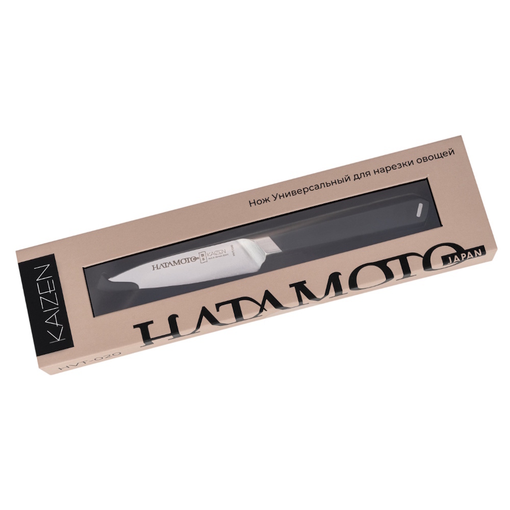 Кухонный нож для чистки овощей и фруктов Hatamoto Kaizen HVT-020, 9.7 см, сталь AUS-8, рукоять ABS-пластик, черный