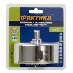 Коронка алмазная ПРАКТИКА Профи по керамограниту/керамике  82х70мм, пилотное сверло, (917-736)
