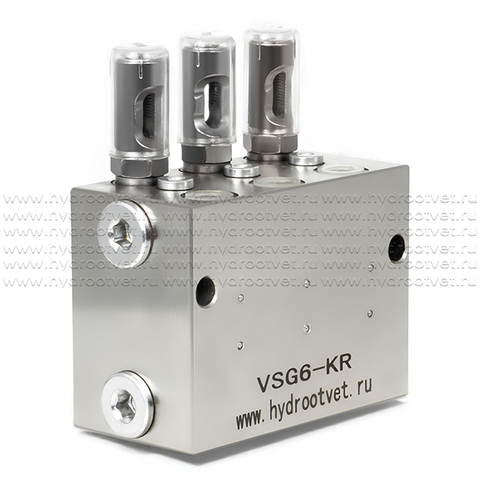 Фото VSG6-KR - Питатель для двухлинейных систем смазки с рабочим давлением 400 бар, количество выходов 6, максимальная доза 2,3 мл/цикл, с регулятором и индикатором