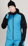Премиальный костюм для лыж и зимнего бега Nordski Hybrid Hood Premium Black-Light Blue с лямками