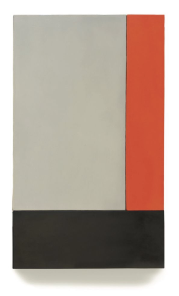 Light grey, vermillion on black