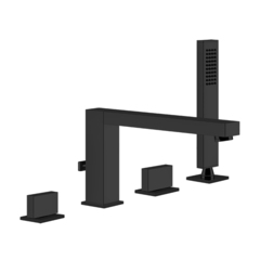 Gessi Rettangolo T 20337#299 Смеситель для ванны на 4 отверстия, излив со встроенным переключателем, шланг 1,5м+убирающаяся лейка, цвет: черный фото