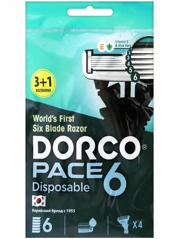 DORCO PACE6 однораз.ст.(3+1 в подарок) плав.гол.с 6лез.и увл.п.,прорез.ручка NEW (Ю.Корея)