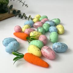 Пасхальный набор, Яйца 24 шт. + морковки 2 шт., праздничный декор. Яйца 3*1,7 см, морковки 6,5*1,5 см.
