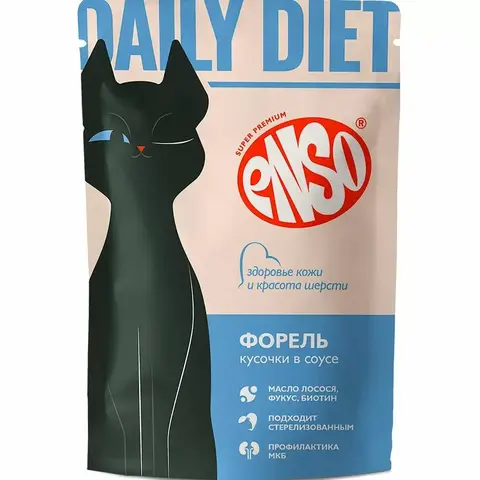 ENSO DAILY DIET пауч для взрослых кошек здоровья кожи и красоты шерсти кусочки в соусе с форелью 85г
