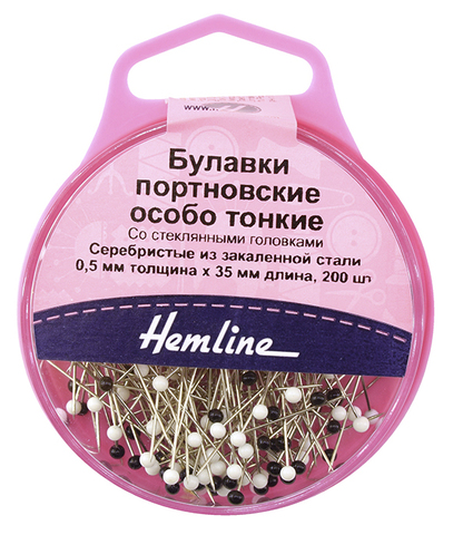 Hemline Булавки портновские особо тонкие со стеклянными головками, ассорти