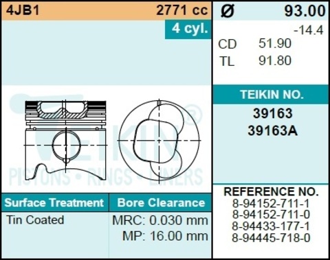 Поршень двигателя TEIKIN 39163 STD (4шт/упак)