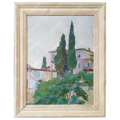 Динес Ю. С. Дом с кипарисами. Гурзуф. Картон, масло. 1958