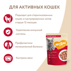 Мнямс влажный корм на каждый день с телятиной для активных кошек кусочки в соусе  85 г