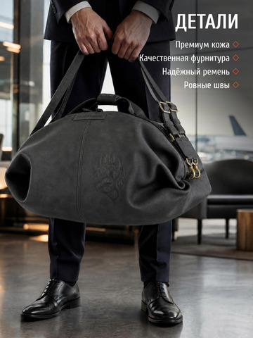 Дорожно-спортивная сумка чёрного цвета (кожа Крейзи)