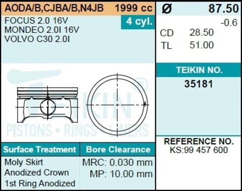 Поршень двигателя TEIKIN 35181 STD (4шт/упак)