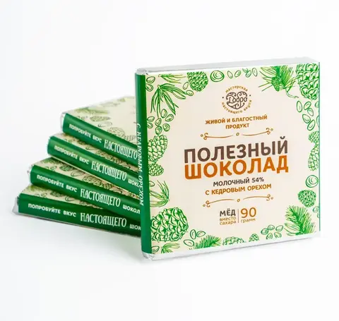5 шт. в наборе. Шоколад молочный, 54% какао, на меду, с кедровым орехом