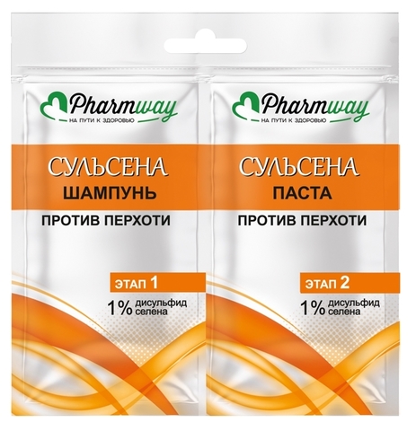 Pharmway СУЛЬСЕНА Шампунь против перхоти 1%,10мл.+Паста против перхоти 1%,10мл САШЕ Витекс