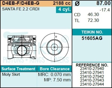 Поршень двигателя TEIKIN 51605AG STD (4шт/упак)